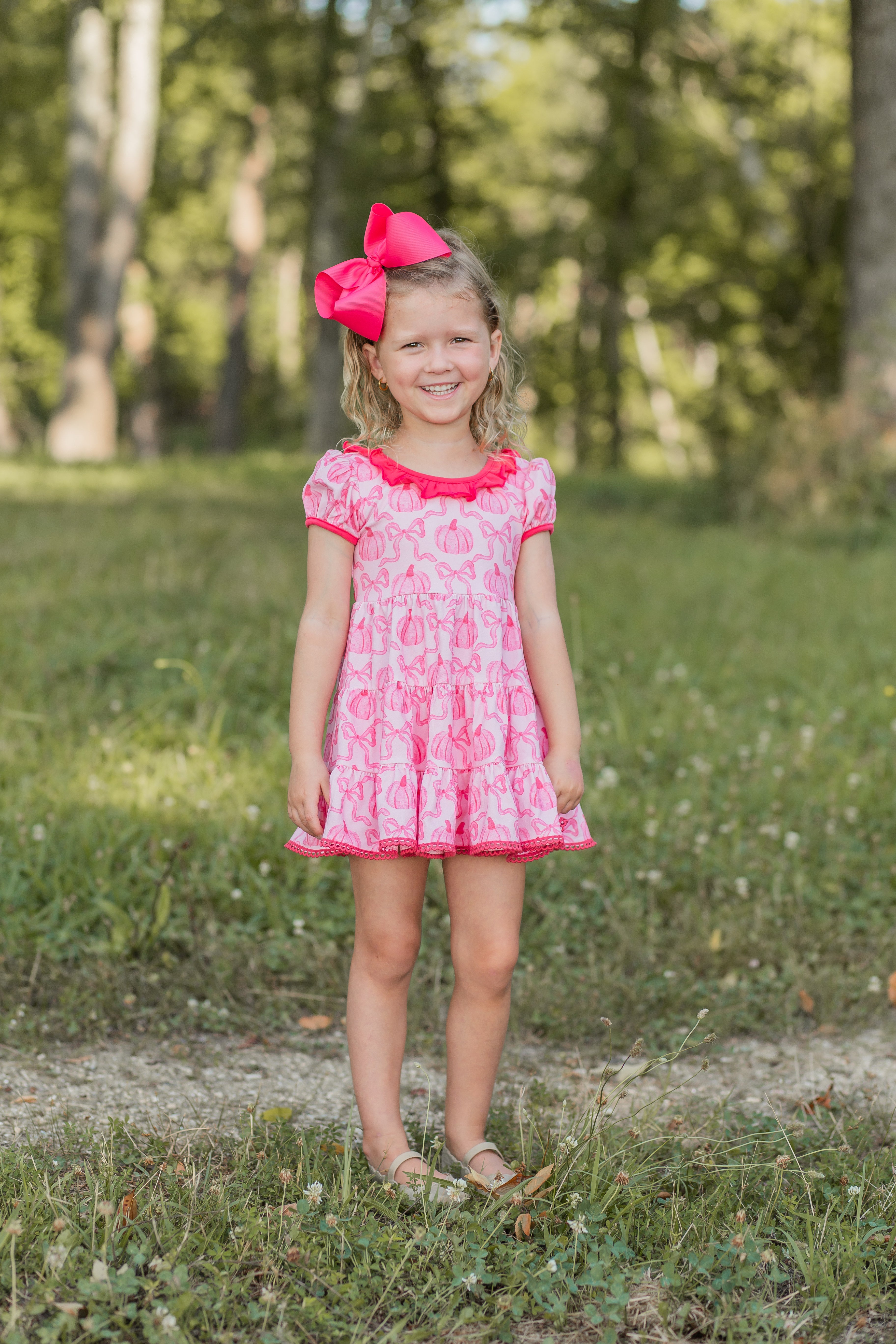 Pink Pumpkins Bow Twirl Dress with Bloomers