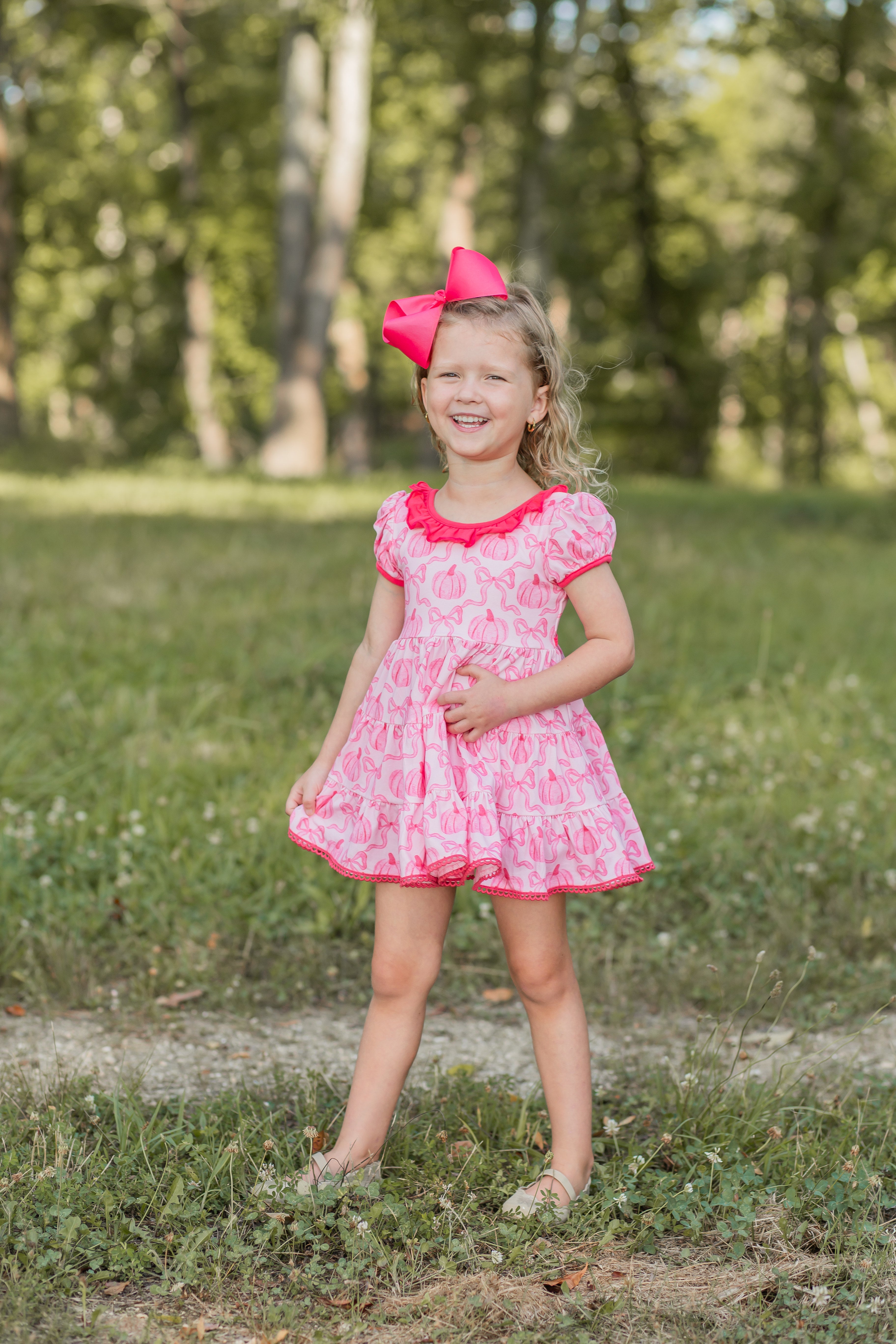 Pink Pumpkins Bow Twirl Dress with Bloomers