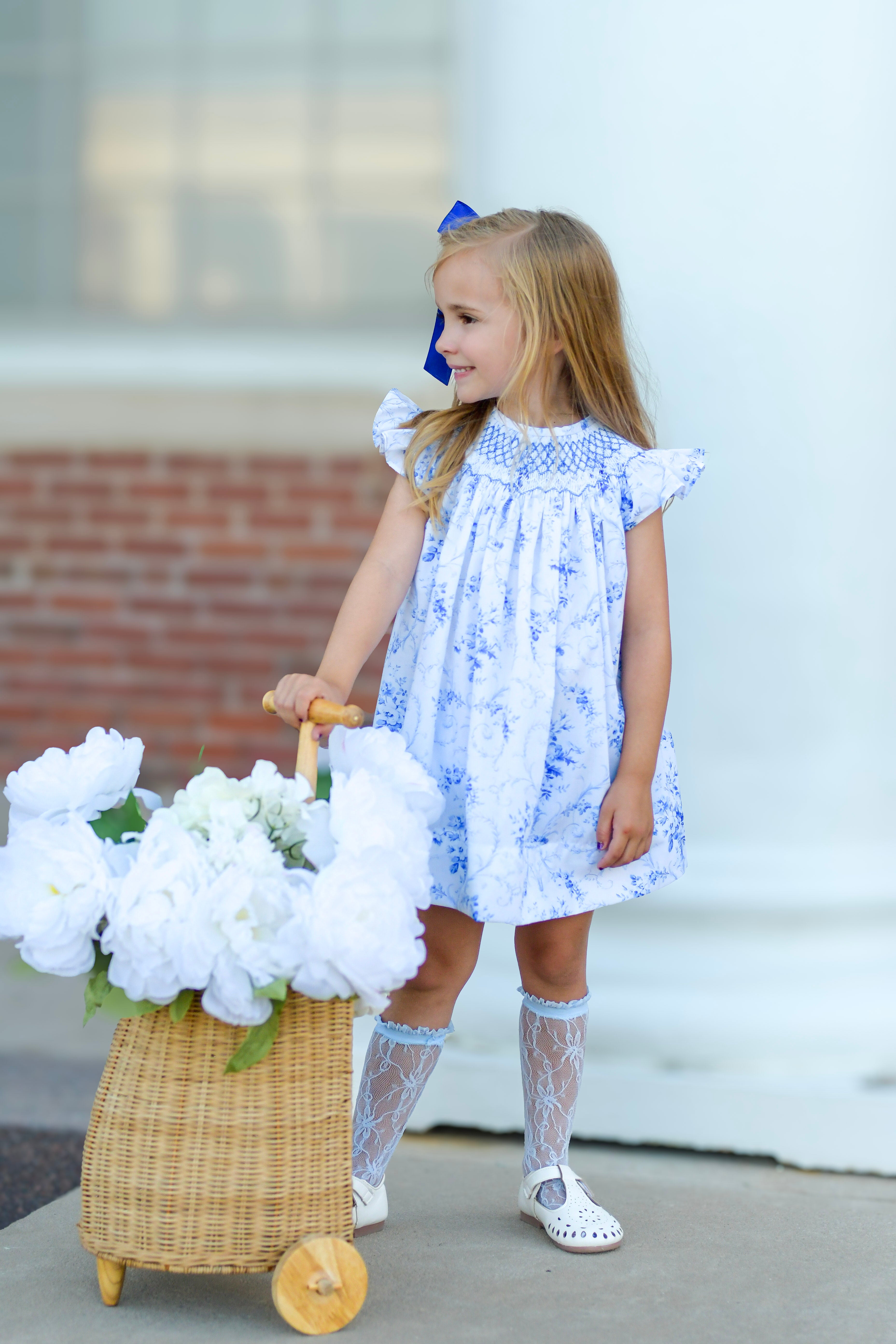 Daydream French Toile Blue Hand Smocked Diaper Set